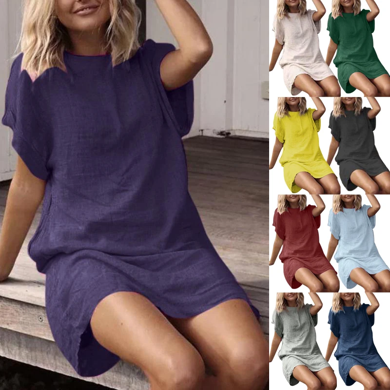 

9 Color Summer Women Loose Large Casual Solid Color Round Collar Short Sleeve Cotton Linen Dress Bestie Dress S-5XL