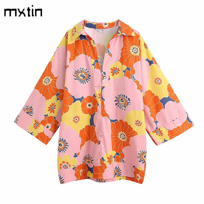 

Женская Длинная блузка MXTIN, летняя винтажная блузка с цветочным принтом, воротником с лацканами и длинным рукавом, 2021, повседневные топы-Блу...