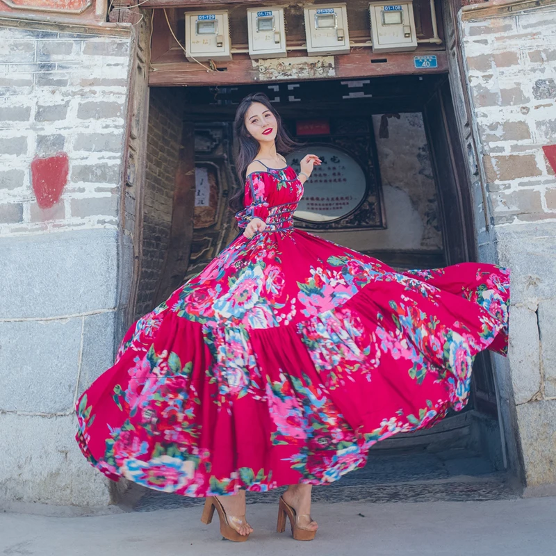 

2021 Spring And Summer High Quality Casual Women's Fashion Cotton Floral Design Ultra Long Elegant Bohemian Vintage Dress