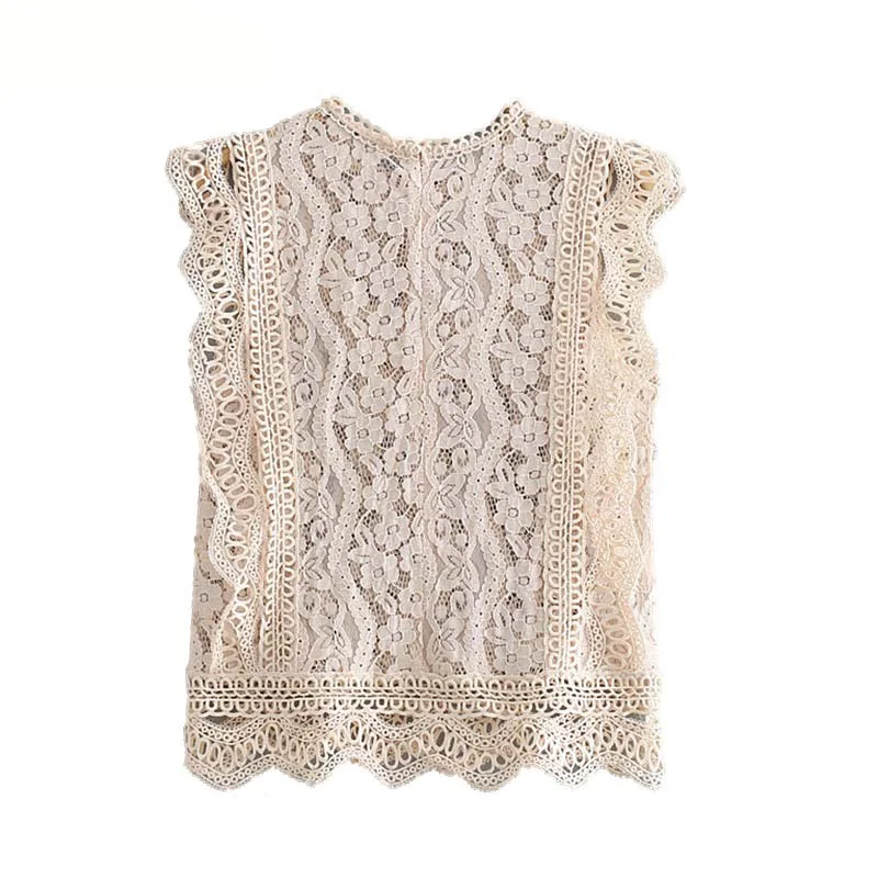 Женские кружевные блузки с рукавом бабочкой открытые бежевые топы пэчворком