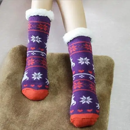 Purple Новое поступление; теплые флисовые зимние носки-тапочки; теплые удобные пушистые зимние носки до колена с ворсом и оленем; Рождественский подарок - Цвет: Purple