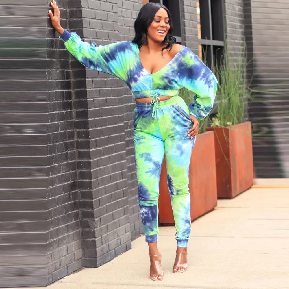 

Tie Dye Deep V Neck Batwing Sleeve Crop Tops and High Waist Drawstring Long Pant 2021 Fashion Autumn Matching Set Sporty Suits