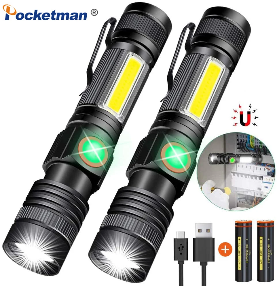 Суперъяркий светодиодный перезаряжаемый фонарик T6 + COB с зажимом для экстренных