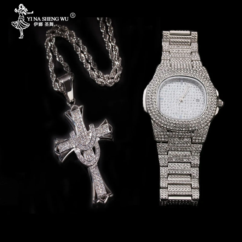 Роскошные мужские часы золотого и серебряного цвета в стиле хип хоп ожерелье