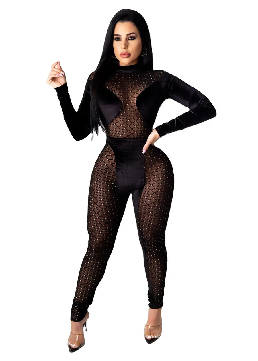 

Women Jumpsuit Bronzing Mesh Velvet Patchwork Sexy Long Sleeve See Through Bodycon Bodysuit Streetwear Black Party Club Rompers