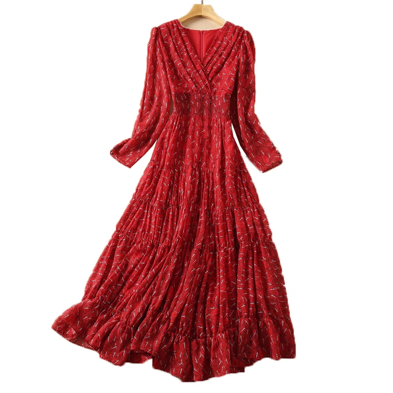 

2021 Fall Runway New Style Bohemian Print Sexy V-Neck Long Sleeve Slim Fit Temperament Mid-Length Chiffon Dress High Quality
