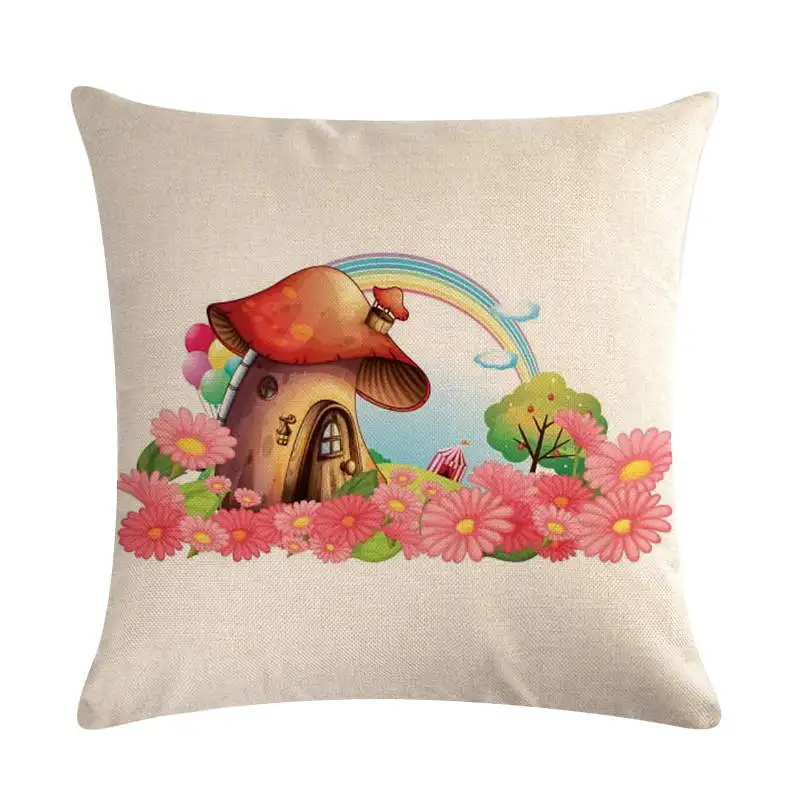 Радужная искусственная льняная наволочка с рисунком лошади леса грибов домашнее