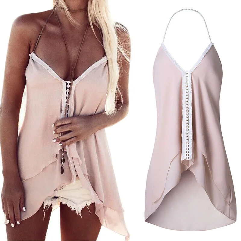 

2019 Summer New Fashion Women Chiffon Stitching Shirts Casual Sleeveless V-neck Blouse Sexy Lace Halter Tops