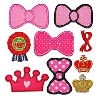 pink bow knot crown embroidery patch iron on letters applique girl clothes embellished cloth stickers diy fabric badge