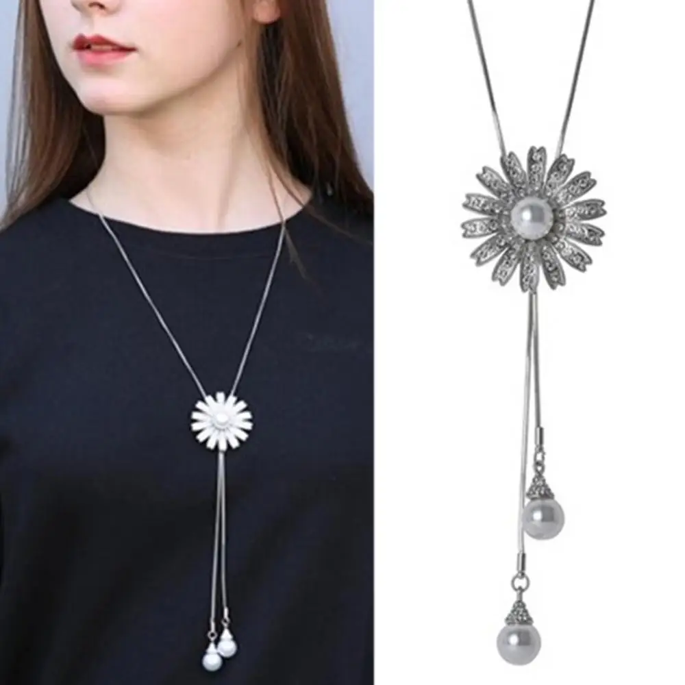 

Women Rhinestone Imitation Pearl Sunflower Pendant Long Chain Necklace Jewelry