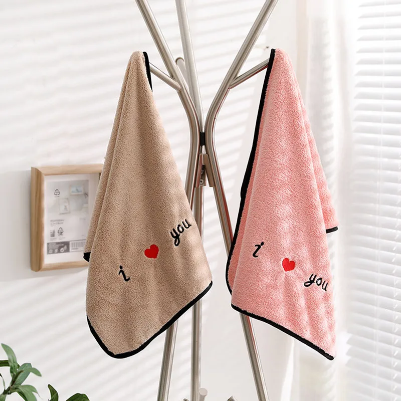 

34x74cm Couples Hair Hand Towel Soft Coral Fleece I Love You Pattern Bathroom Shower Washcloth
