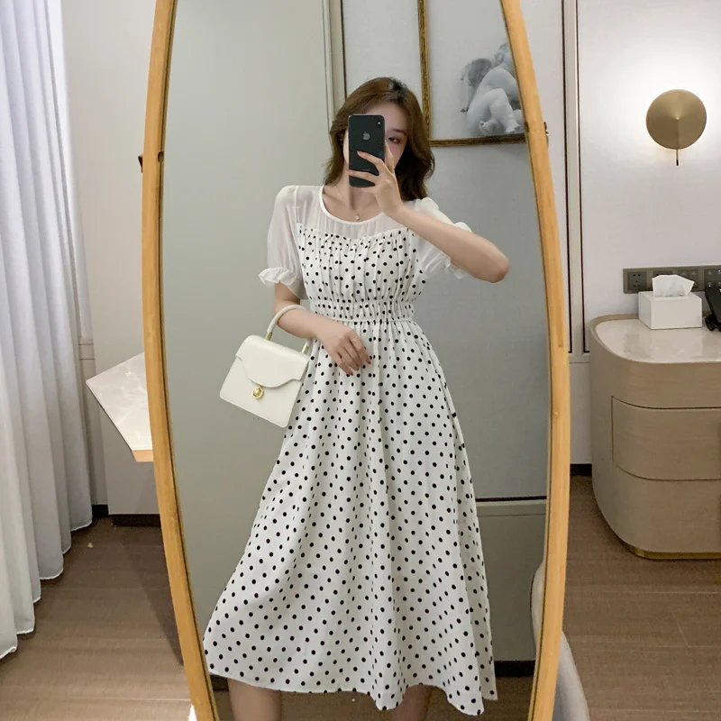 

Black and White Dot Dress 2021 Women's Tight Waist Mid-Length Long Chiffon Dress Rac