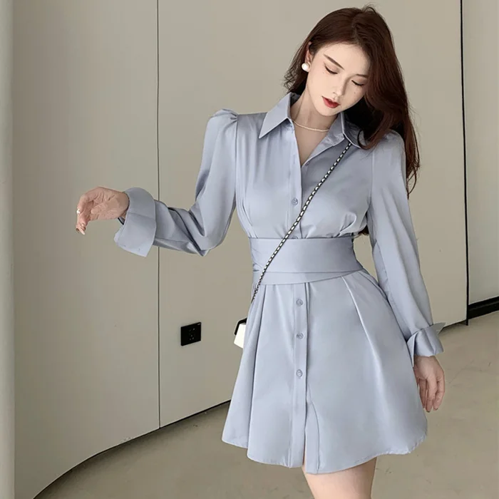 

Autumn Internet Celebrity Pure Desire Polo Collar Lace-up Single-breasted Long Sleeve Shirt Dress Slim A- Line Dress for