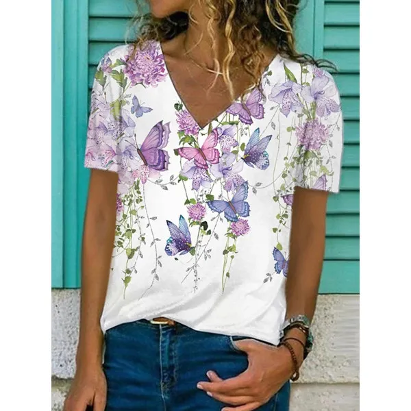 

New Fashion ,butterfly Printed , V-Neck, Short Sleeve, Vintage ,women Fashion Tops ,