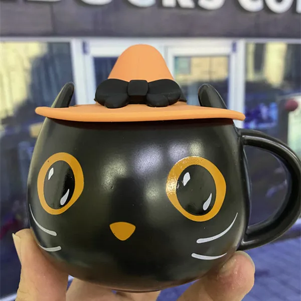 Керамическая кружка в виде таинственного черного кота черная матовая с ручкой