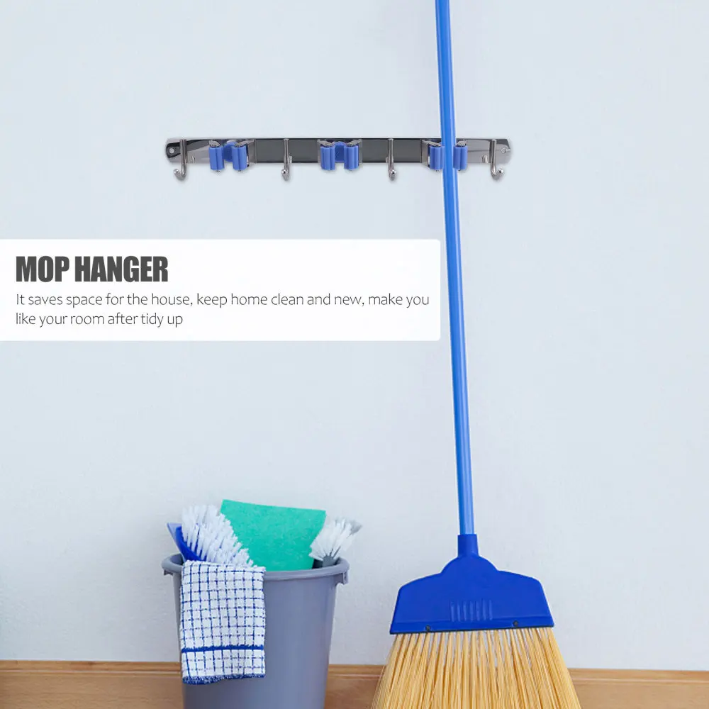 

Wall Mounted Mop Holder Broom Mop Gripper Broom Racks with 3 Clamps 4 Hooks
