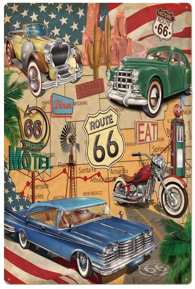 

Original Retro Design Tin Metal Wall Art Signs, Route 66 Thick Tinplate Print Poster Wall Decoration for Man Cave