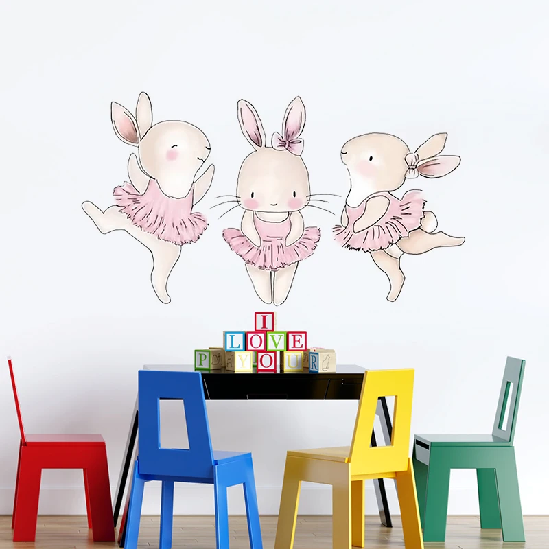 3 шт. настенные наклейки в виде танцующих кроликов для девочек комнаты ребенка