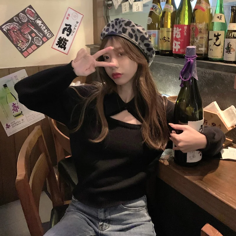 

Осень 2021, модный Свободный вязаный свитер в Корейском стиле, свитер с длинным рукавом, текстурированные пуловеры с отложным воротником и па...