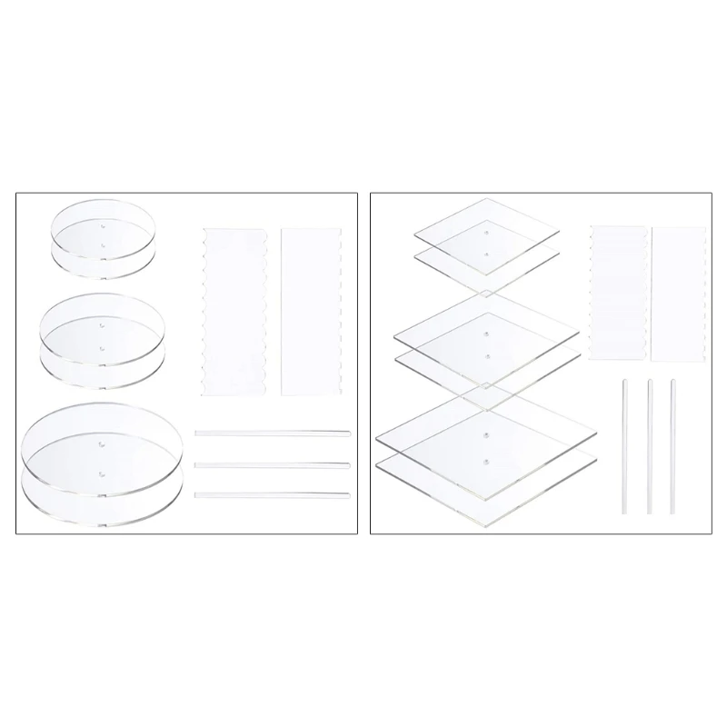 

11Pcs Acrylic Cake Disk Set Circle Base Boards with Center Hole Pillar Comb Scrapers Dowel Rod Butter Cream Cake Decorating Tool