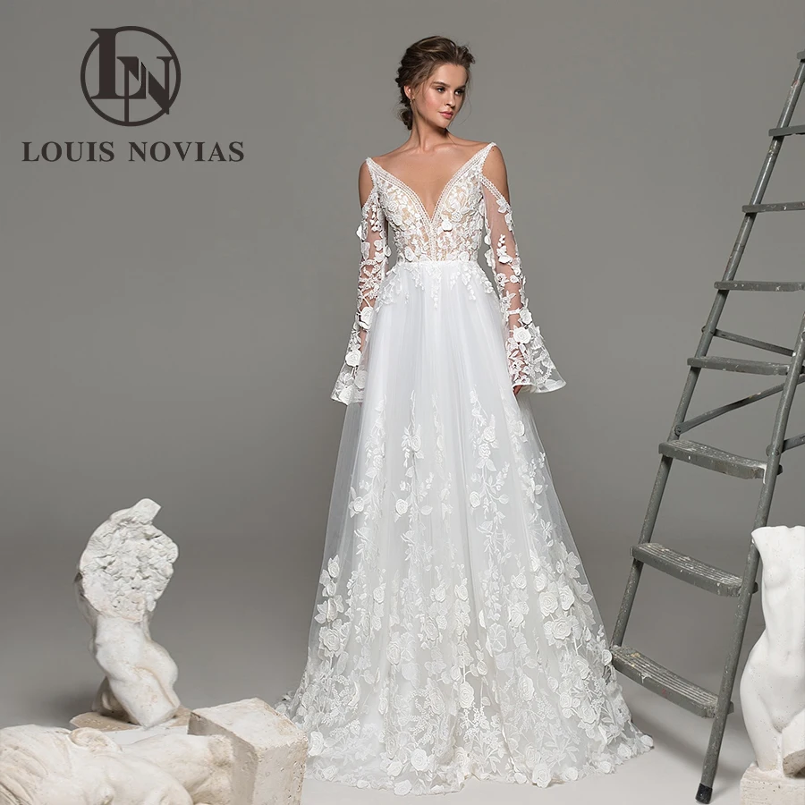 

Женское свадебное платье в стиле бохо LOUIS NOVIAS, кружевное ТРАПЕЦИЕВИДНОЕ ПЛАТЬЕ с открытой спиной и V-образным вырезом, расширяющимся книзу рукавом, 2023
