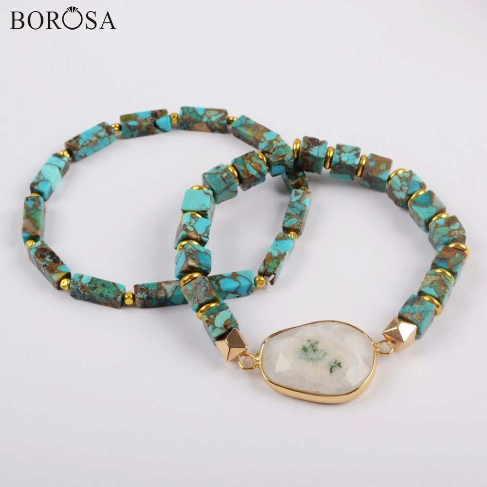 BOROSA 3/5 комплектов Новое поступление позолоченный натуральный Солнечный Кварц с квадратным и прямоугольным Купером бусины браслет; Комплект бижутерии G1824
