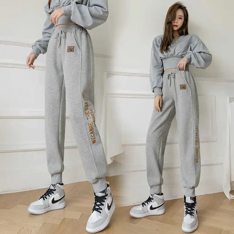 

Women Harem Pants Letter Embroidery Spring Fashion Loose White Sweatpants Harajuku Girls Elastic Waist Ankle length Sportswear