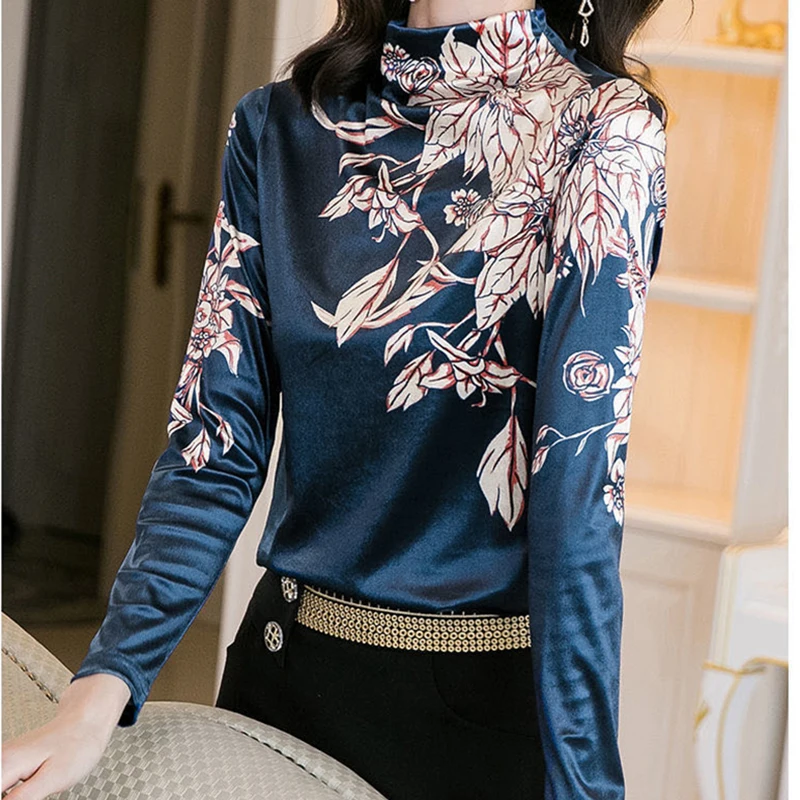 

Gold velvet top women's casual wear spring and autumn new fashion printing semi-high-end high-end long-sleeved bottoming shirt
