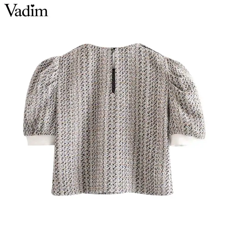Vadim милый Женский твидовый Роскошная блуза с короткими рукавами и круглым