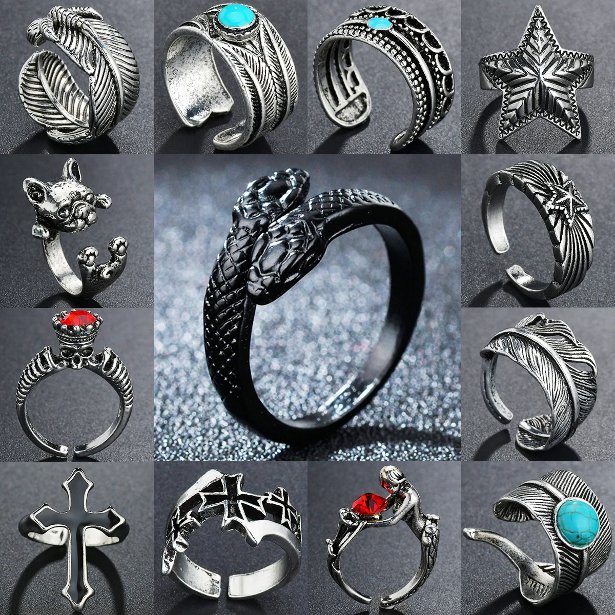 Животный принт двойной под змеиную кожу головы черные Открытие Кольца для Для