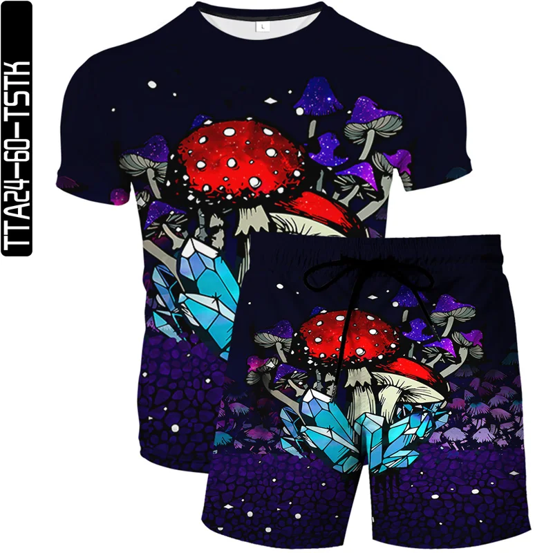 

Mushroom element pattern 3D printing men's and women's T-shirt set + beach pants 2021 summer new O-neck daily casual T-shirt