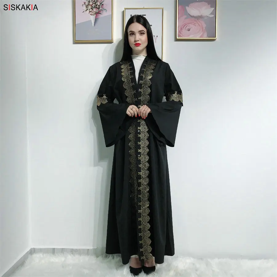 Siskakia мусульманское платье абайя черное Горячее тиснение печать открытые платья для женщин Арабский Кимоно размера плюс расклешенный рукав с поясом