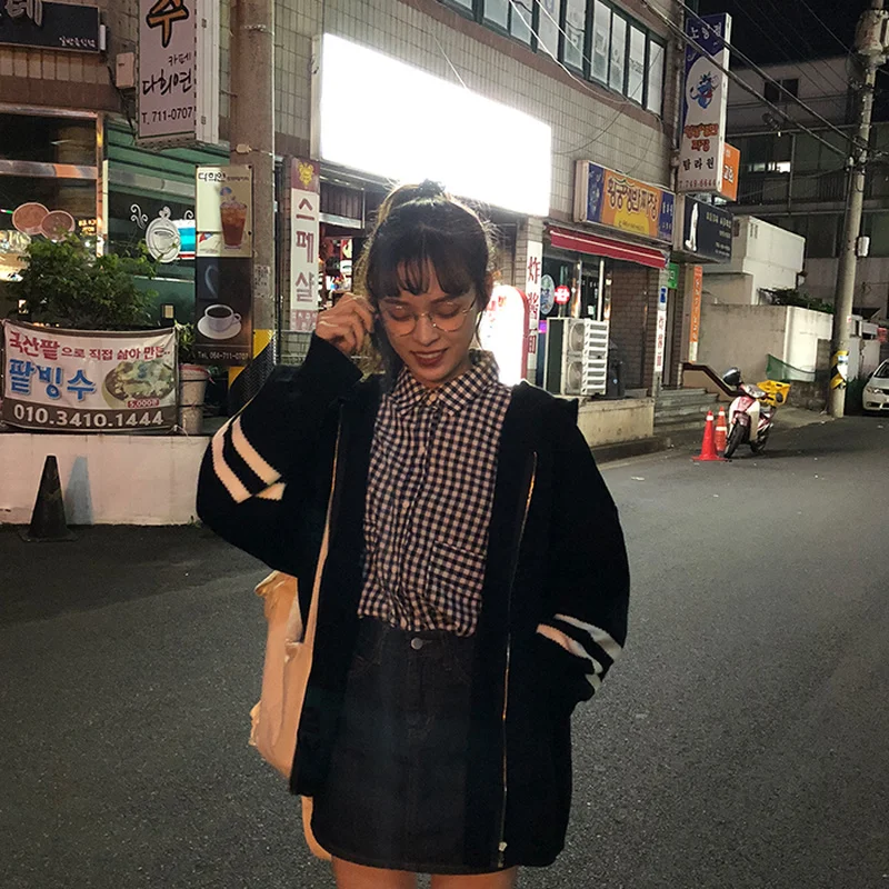 Woherb Harajuku Knitted Cardigan Women Korean Style Modis Striped Print Hooded Sweater Coat Girls Casual Runway Sweaters