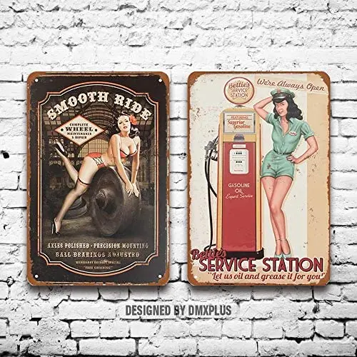 

Металлический знак (набор из 2) газ Онлайн Масло пикантный Pinup Girl винтажный внешний вид настенное украшение домашний декор табличка