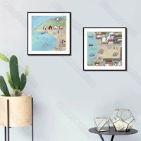 suburban life pictures canvas painting wall poster nice houses many boats green hill and lake for living room restaurant decorat