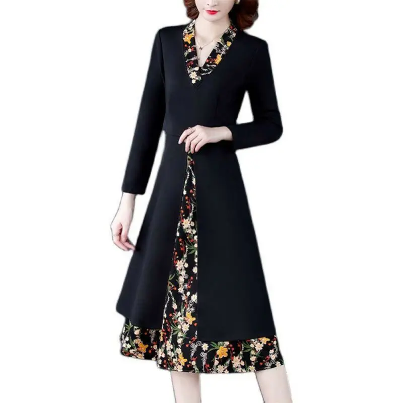 

Women Elegant Long Dress Winter Plus Size Long Sleeve V-Neck Slim A-Line Dresses