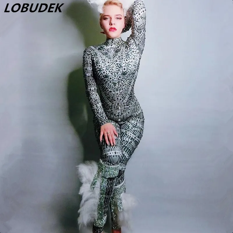 Эластичный комбинезон с длинным рукавом черный серый стразы Облегающий леггинсы