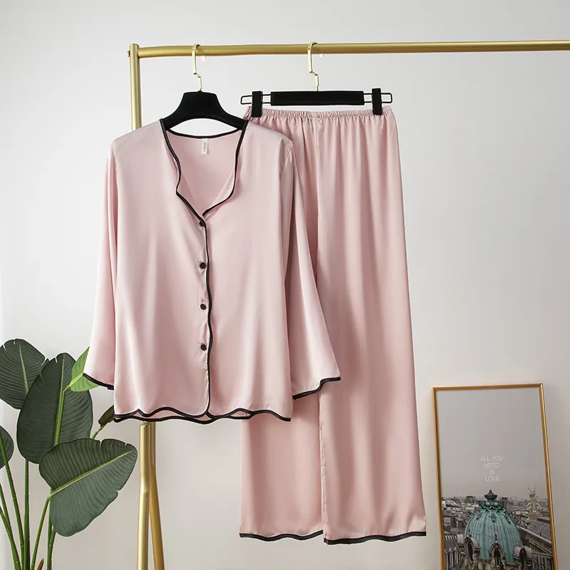 

2PCS Pajamas Suit Women Home Clothing Pink Long Sleeve Nightwear 2021 Spring New Button-down Loose Pyjamas Loungerwear