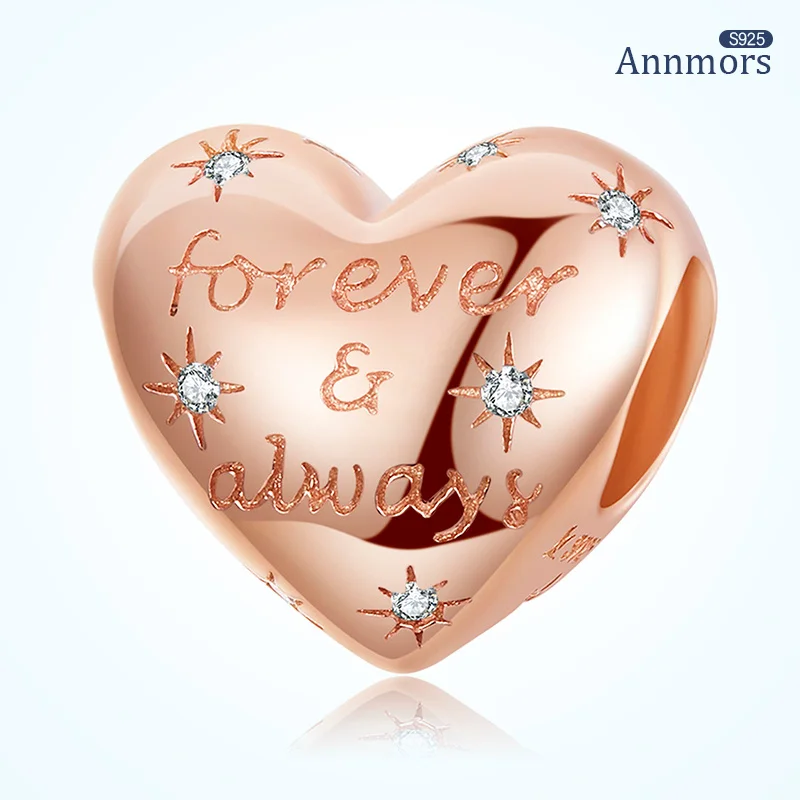 

Forever Always Love Heart Bead Charm Romantic Rose Gold Silver Plating Fits Original Pandora Bracelet Charms Women Jewelry