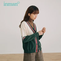 inman autumn winter womens cardigan color contrast stripes neckline sleeve design knitted top loose casual classic sweater
