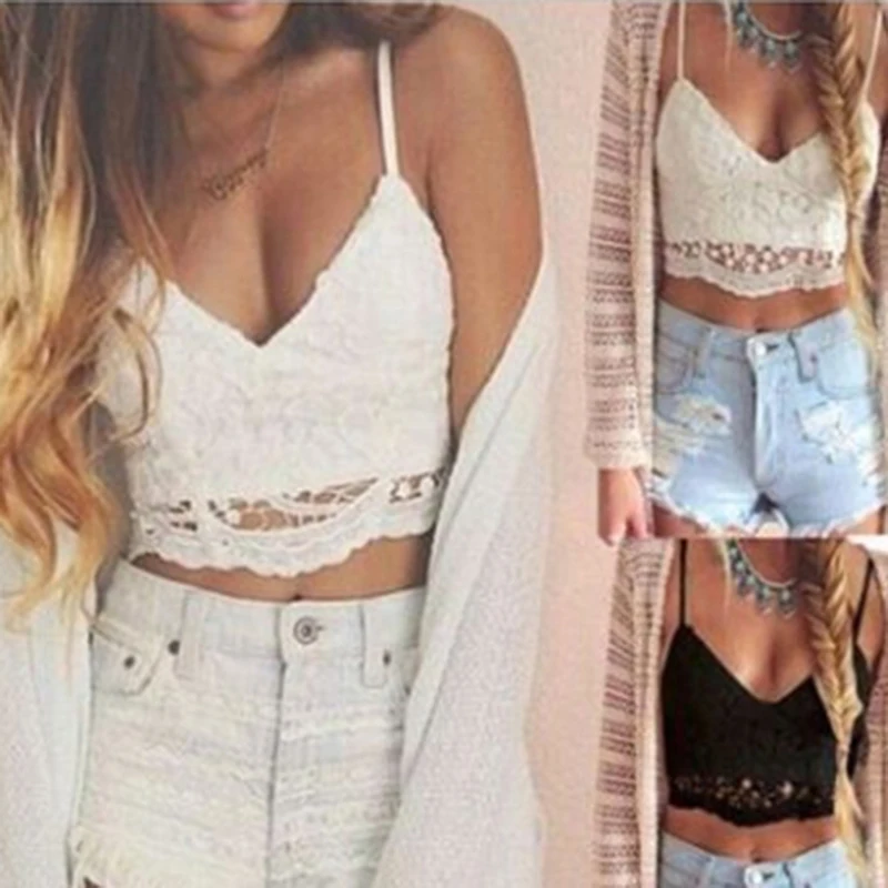 Женский кружевной топ на бретельках белый и черный укороченный с цветочным