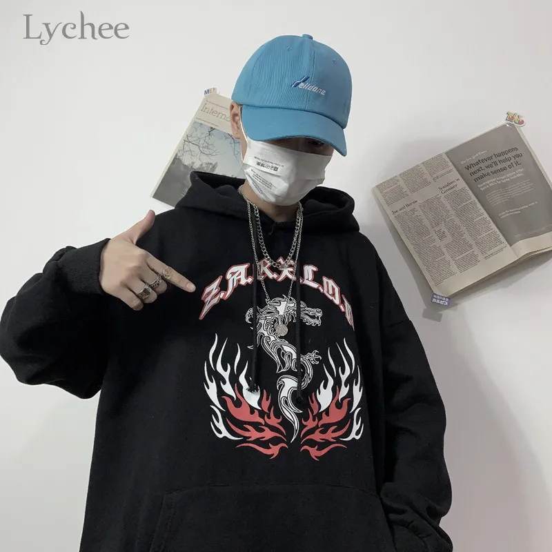 Женский флисовый Свитшот Lychee в стиле Харадзюку С Капюшоном и принтом пламени