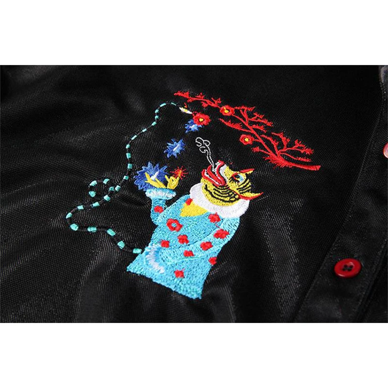 Женская рубашка-поло с вышивкой Повседневная Свободная черная длинным рукавом в