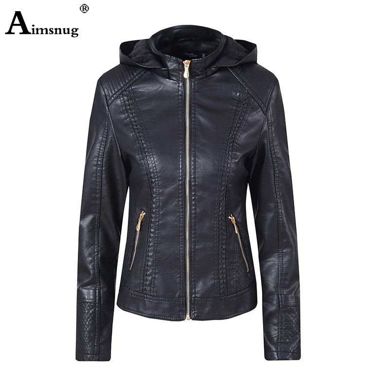 

Aimsnug Solid Color Zipper Pu Leather Jacket Coat Women Spring Autumn Tunic Outerwear 2019 Female Large Size Hooded Plus Velvet