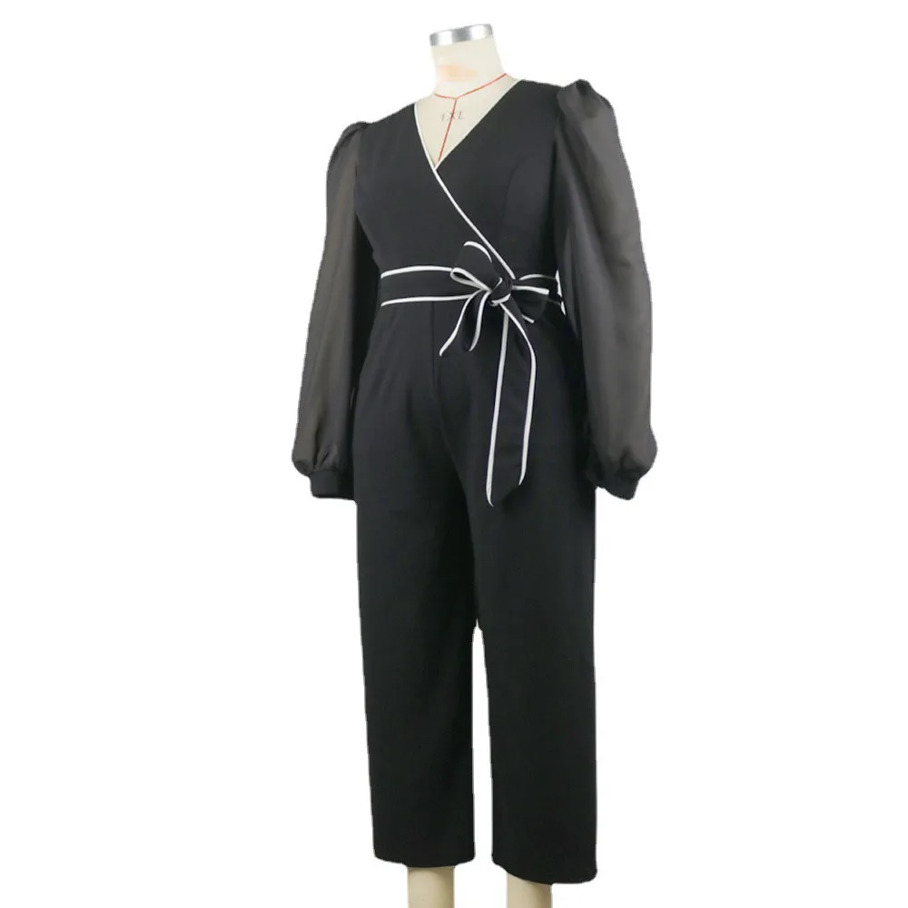 

V-neck Splicing Perspective Net Yarn Loose Wide Legs Jumpsuit Black Lace Puff Sleeve Autumn 2021 Women's Europe America