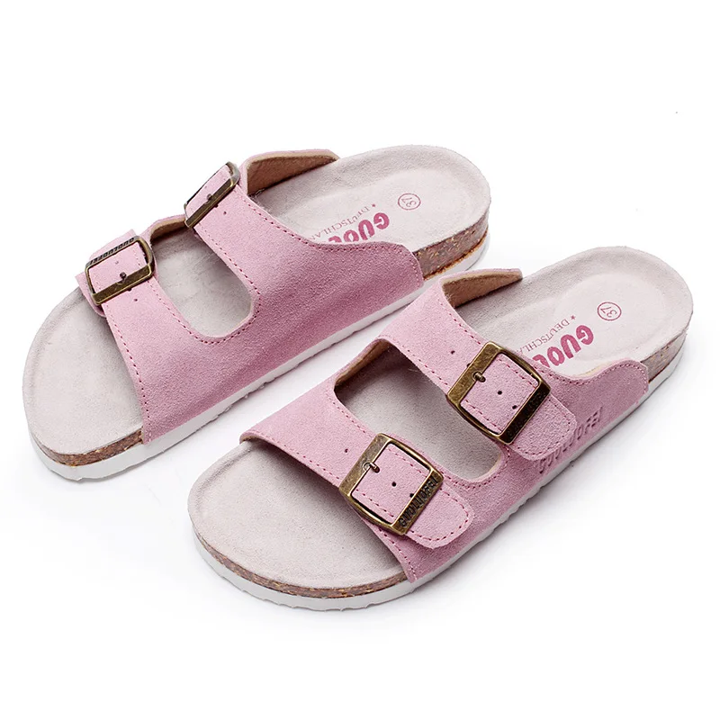 

2021 Classic Two Buckle Sandals For Women Cow Suede High Quality Ladies Flats Slippers Cork Clogs Sandals Women's Shoes