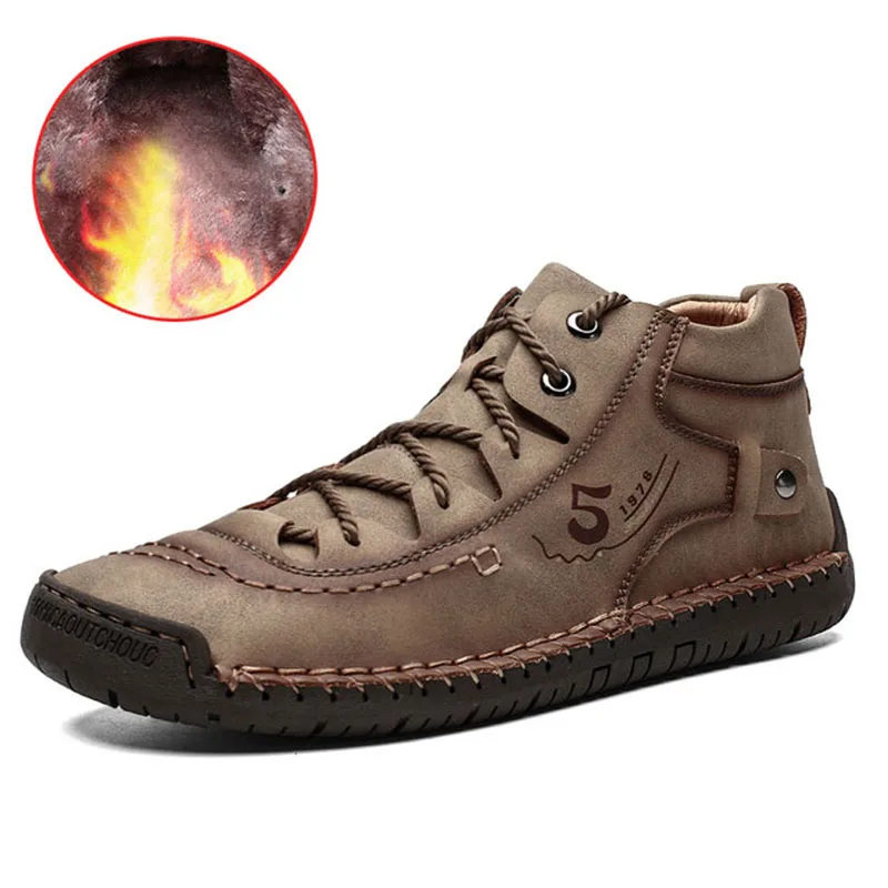 Модные мужские кожаные ботинки теплые меховые зимние повседневная обувь