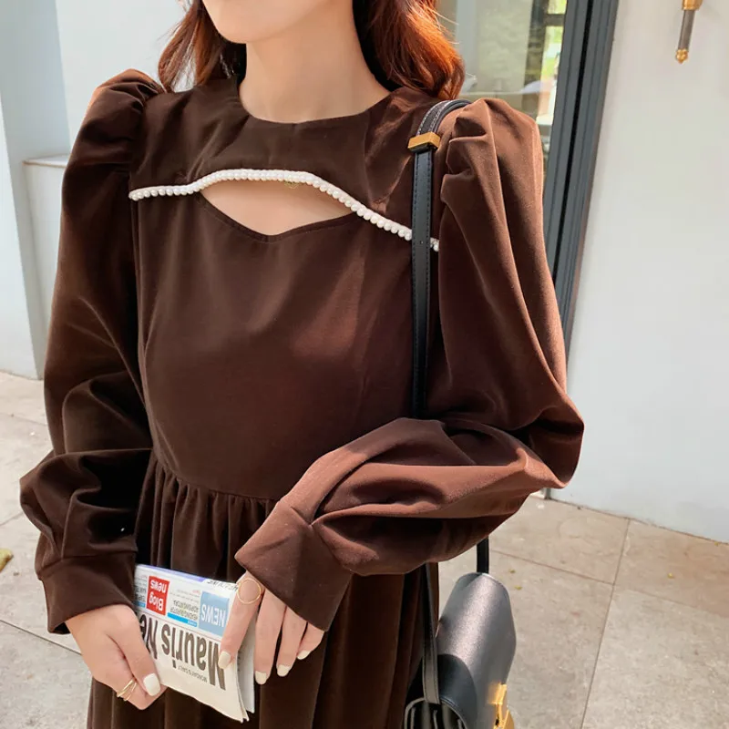 

Korean Style Chic Hollow Out Velvet Mini Dress Women Autumn Winter Puff Long Sleeve High Waist Dress Ladies Vintage Party Dresse