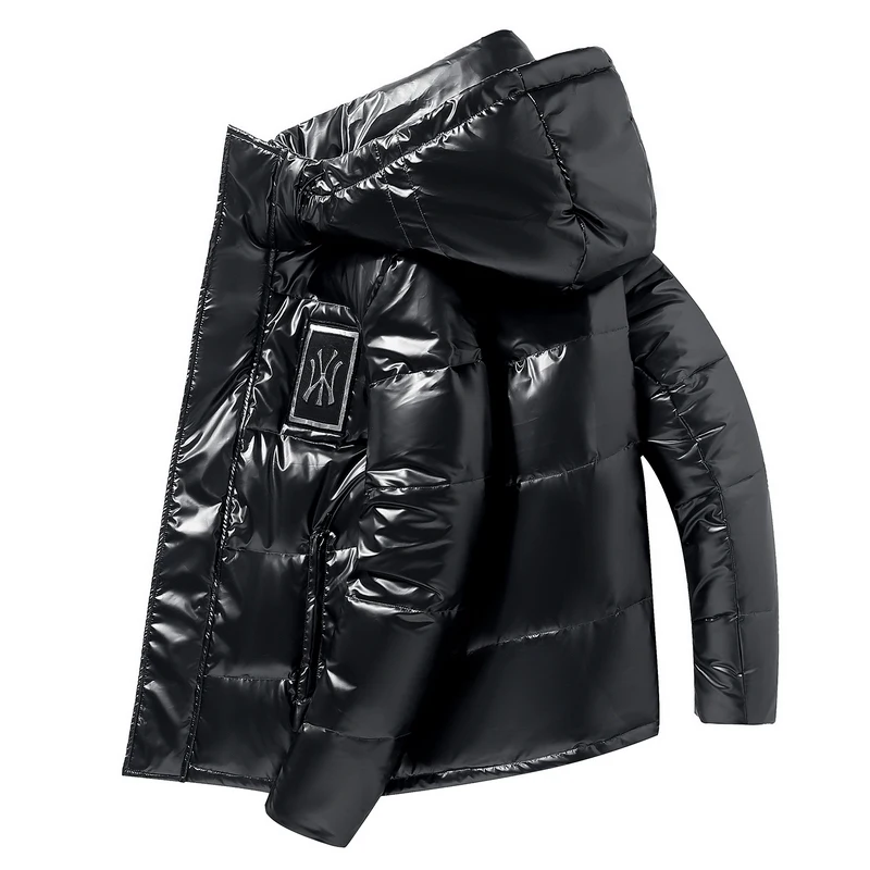 

Winter New Bright Leather Men Thicken Warm Down Jacket Casual Parka Outwear Waterproof Stand Collar Hooded Coat Clothing