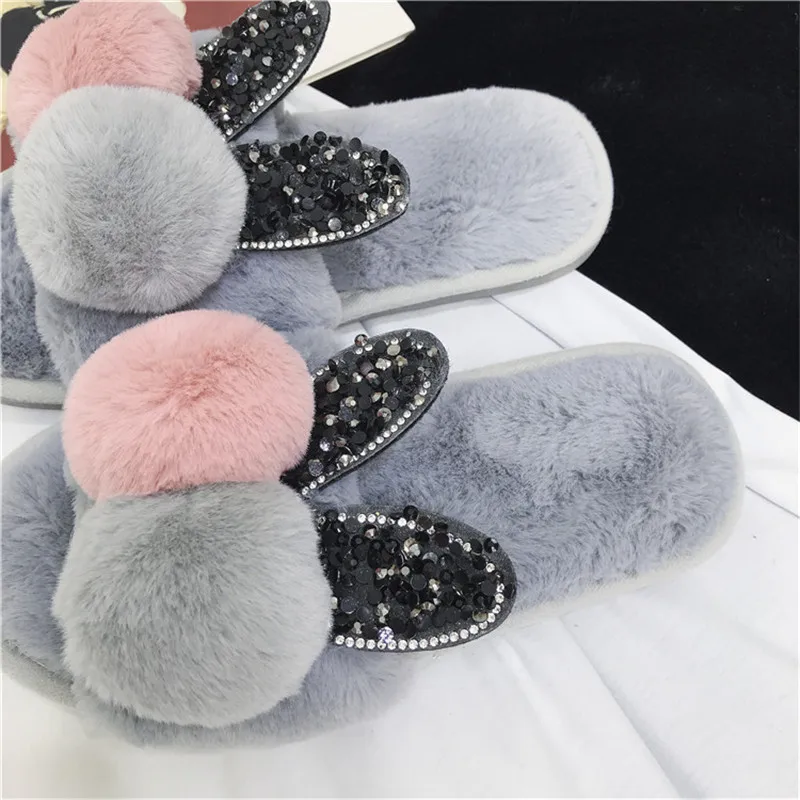 Женские меховые тапочки Rimocy теплые домашние на Плоском Каблуке с кроличьими